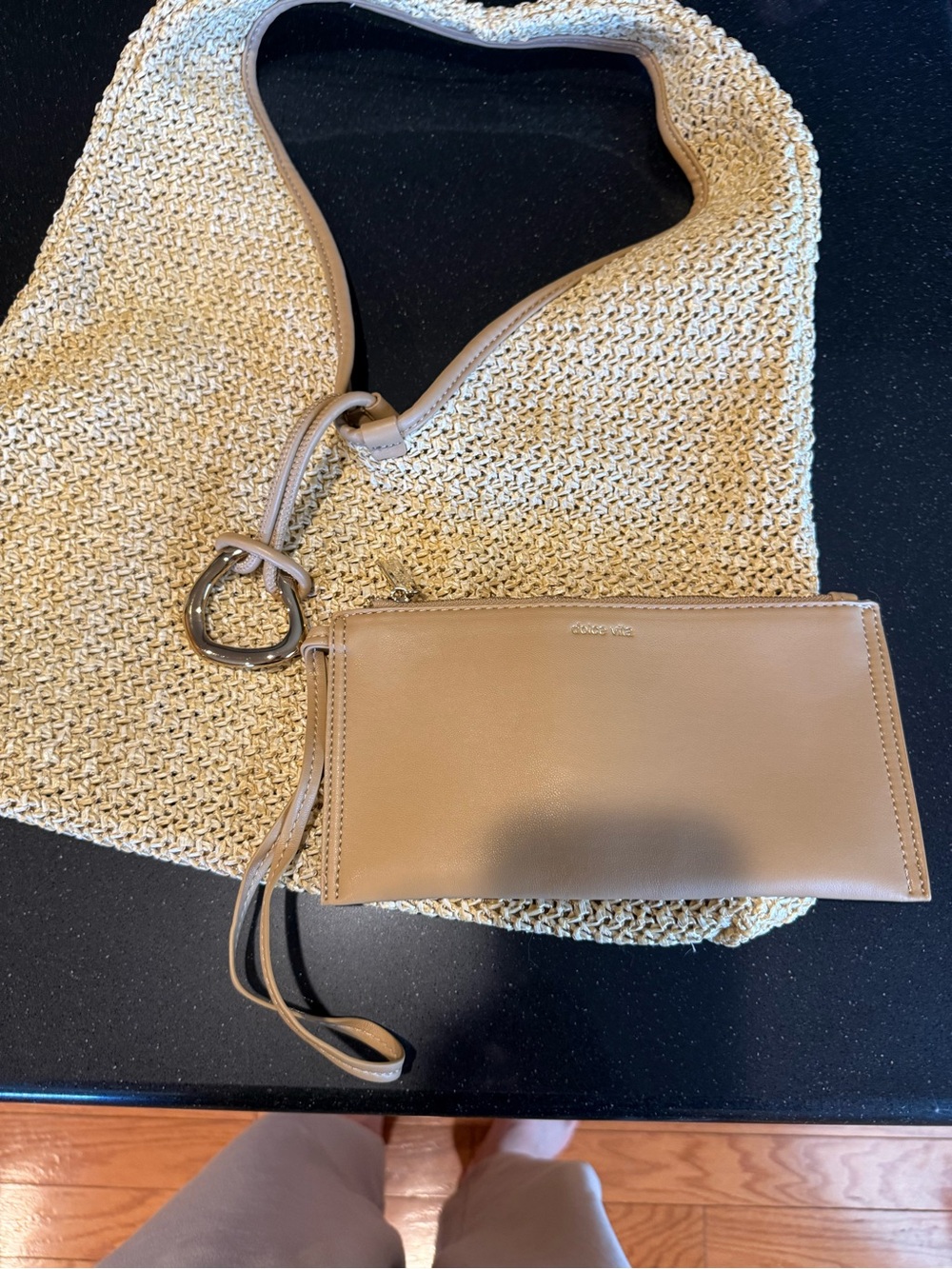 Dolce Vita Straw Shoulder Bag with Tan Leather Pouch